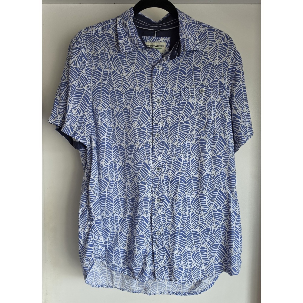 Report Collection Men's Short Sleeve Shirt Blue Leaf Print L Coastal Camp